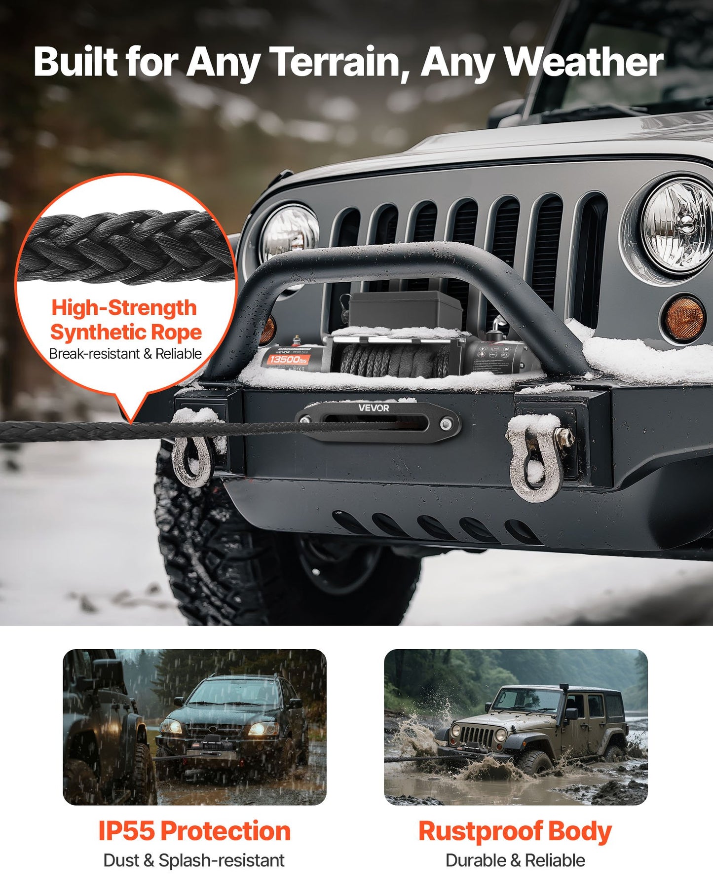 Electric Winch, 6100 kg Load Capacity, 12V DC Truck Winch with Φ9.5 mm x 26 m Synthetic Rope, Wireless & Wired Remote Control, IP55 Waterproof for Towing Off-Road SUV Jeep Trailer Boat