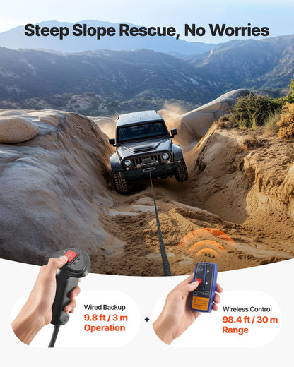 Electric Winch, 6100 kg Load Capacity, 12V DC Truck Winch with Φ9.5 mm x 26 m Synthetic Rope, Wireless & Wired Remote Control, IP55 Waterproof for Towing Off-Road SUV Jeep Trailer Boat