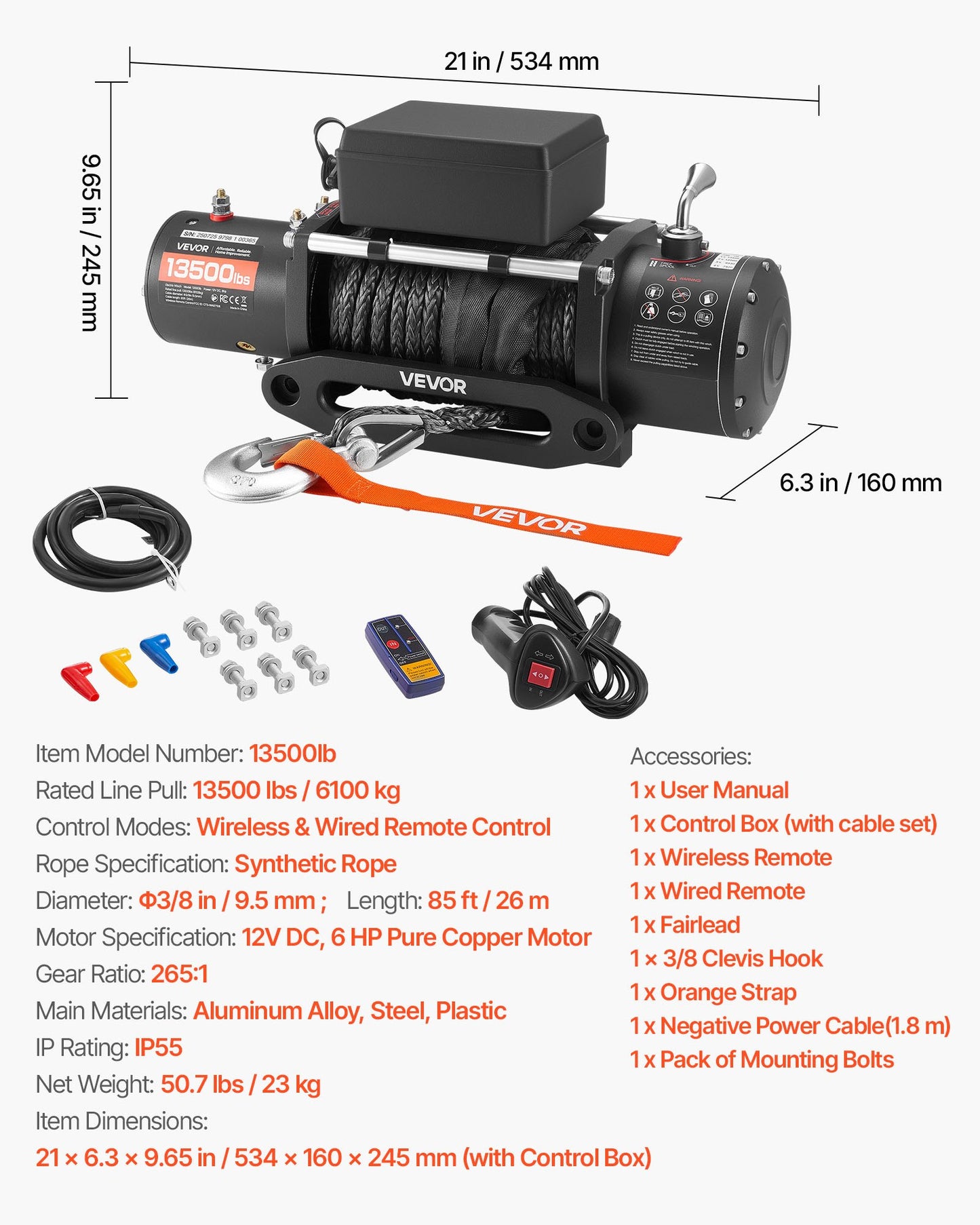 Electric Winch, 6100 kg Load Capacity, 12V DC Truck Winch with Φ9.5 mm x 26 m Synthetic Rope, Wireless & Wired Remote Control, IP55 Waterproof for Towing Off-Road SUV Jeep Trailer Boat