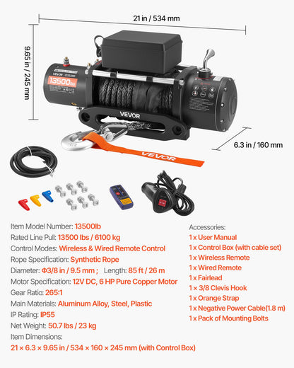 Electric Winch, 6100 kg Load Capacity, 12V DC Truck Winch with Φ9.5 mm x 26 m Synthetic Rope, Wireless & Wired Remote Control, IP55 Waterproof for Towing Off-Road SUV Jeep Trailer Boat
