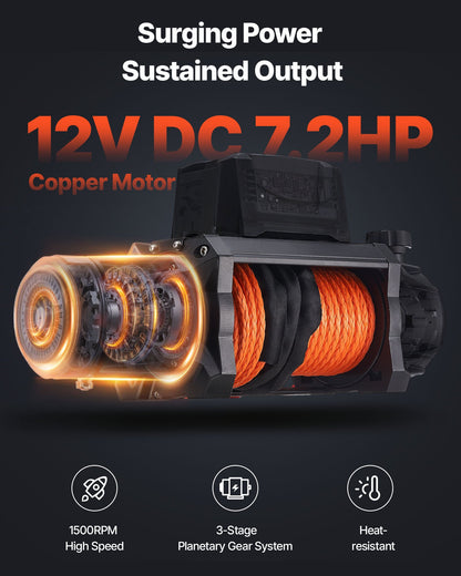 Electric Winch, 6100 kg Load Capacity, 12V DC Truck Winch with Φ9.5 mm x 28 m Synthetic Rope, Wireless & Wired Remote Control, IP67 Waterproof for Towing Off-Road SUV Jeep Trailer Boat