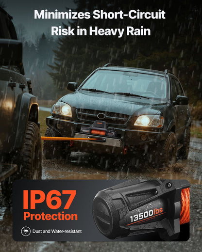 Electric Winch, 6100 kg Load Capacity, 12V DC Truck Winch with Φ9.5 mm x 28 m Synthetic Rope, Wireless & Wired Remote Control, IP67 Waterproof for Towing Off-Road SUV Jeep Trailer Boat