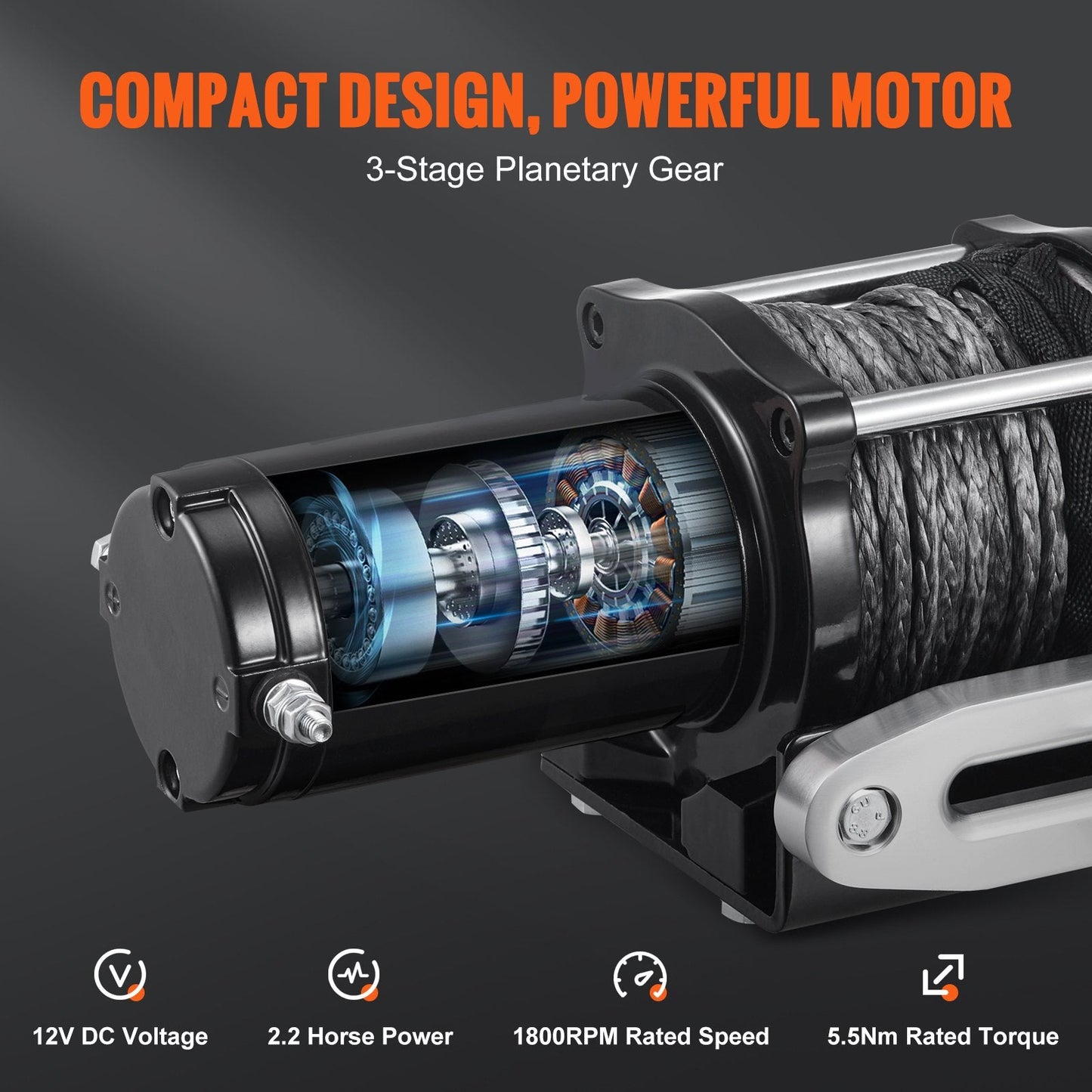 Electric Winch, 2041 kg Load Capacity, 0.6 cm x 12 m Rope, Wireless Remote Control