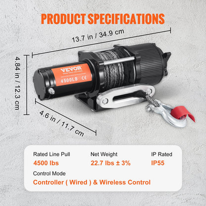 Electric Winch, 2041 kg Load Capacity, 0.6 cm x 12 m Rope, Wireless Remote Control
