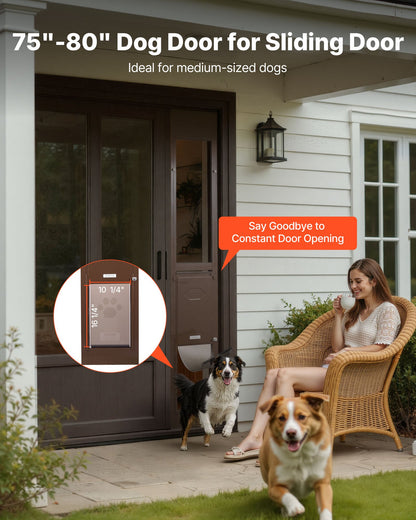 Dog Door for Sliding Glass Door, 1927 mm to 2040 mm Adjustable Height, Aluminum Alloy Frame with Rotating Hinges, Lock Design, 260.4 x 412.8 mm Flap, Sliding Glass Pet Door for Renters