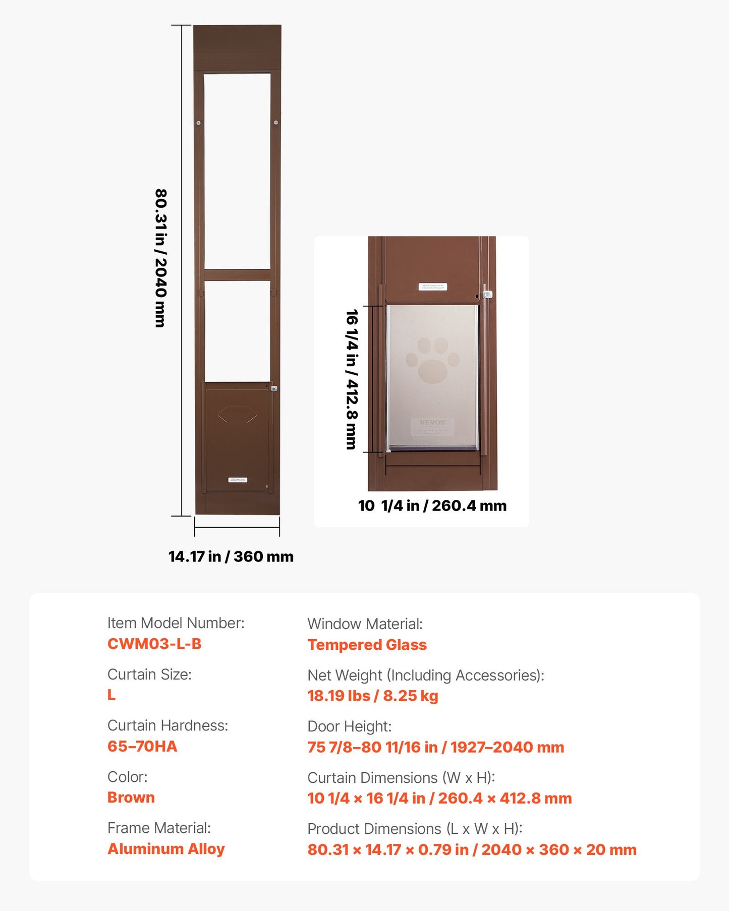 Dog Door for Sliding Glass Door, 1927 mm to 2040 mm Adjustable Height, Aluminum Alloy Frame with Rotating Hinges, Lock Design, 260.4 x 412.8 mm Flap, Sliding Glass Pet Door for Renters