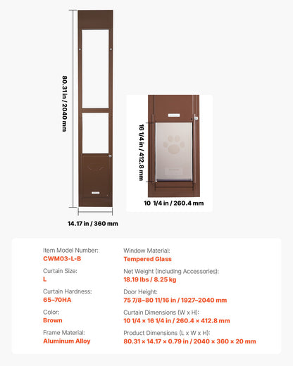 Dog Door for Sliding Glass Door, 1927 mm to 2040 mm Adjustable Height, Aluminum Alloy Frame with Rotating Hinges, Lock Design, 260.4 x 412.8 mm Flap, Sliding Glass Pet Door for Renters