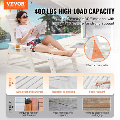 Chaise Lounge Chair, 181 kg Weight Capacity, 6 Positions Adjustable Patio Lounge Chair, Outdoor HDPE Lounge Chair with Backrest & Cup Holder, for Pool Poolside Deck Backyard Lawn, White