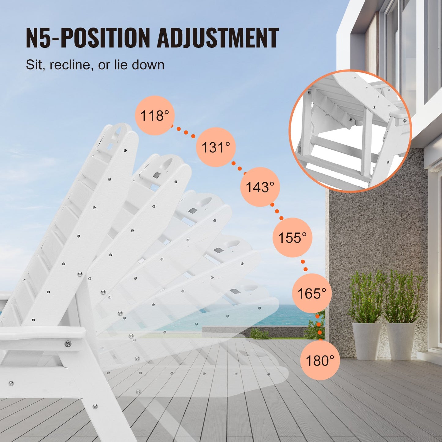 Chaise Lounge Chair, 181 kg Weight Capacity, 6 Positions Adjustable Patio Lounge Chair, Outdoor HDPE Lounge Chair with Backrest & Cup Holder, for Pool Poolside Deck Backyard Lawn, White