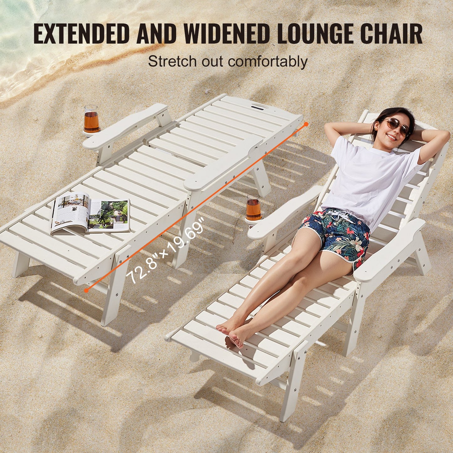 Chaise Lounge Chair, 181 kg Weight Capacity, 6 Positions Adjustable Patio Lounge Chair, Outdoor HDPE Lounge Chair with Backrest & Cup Holder, for Pool Poolside Deck Backyard Lawn, White