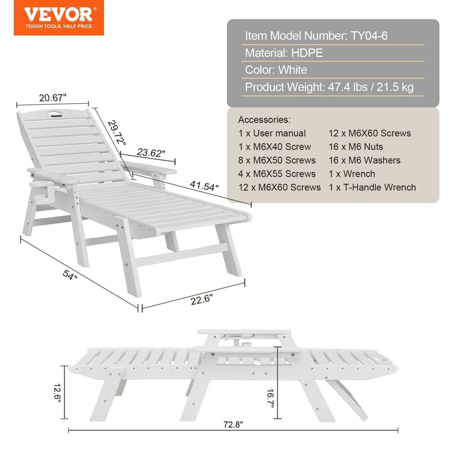 Chaise Lounge Chair, 181 kg Weight Capacity, 6 Positions Adjustable Patio Lounge Chair, Outdoor HDPE Lounge Chair with Backrest & Cup Holder, for Pool Poolside Deck Backyard Lawn, White