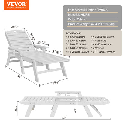 Chaise Lounge Chair, 181 kg Weight Capacity, 6 Positions Adjustable Patio Lounge Chair, Outdoor HDPE Lounge Chair with Backrest & Cup Holder, for Pool Poolside Deck Backyard Lawn, White