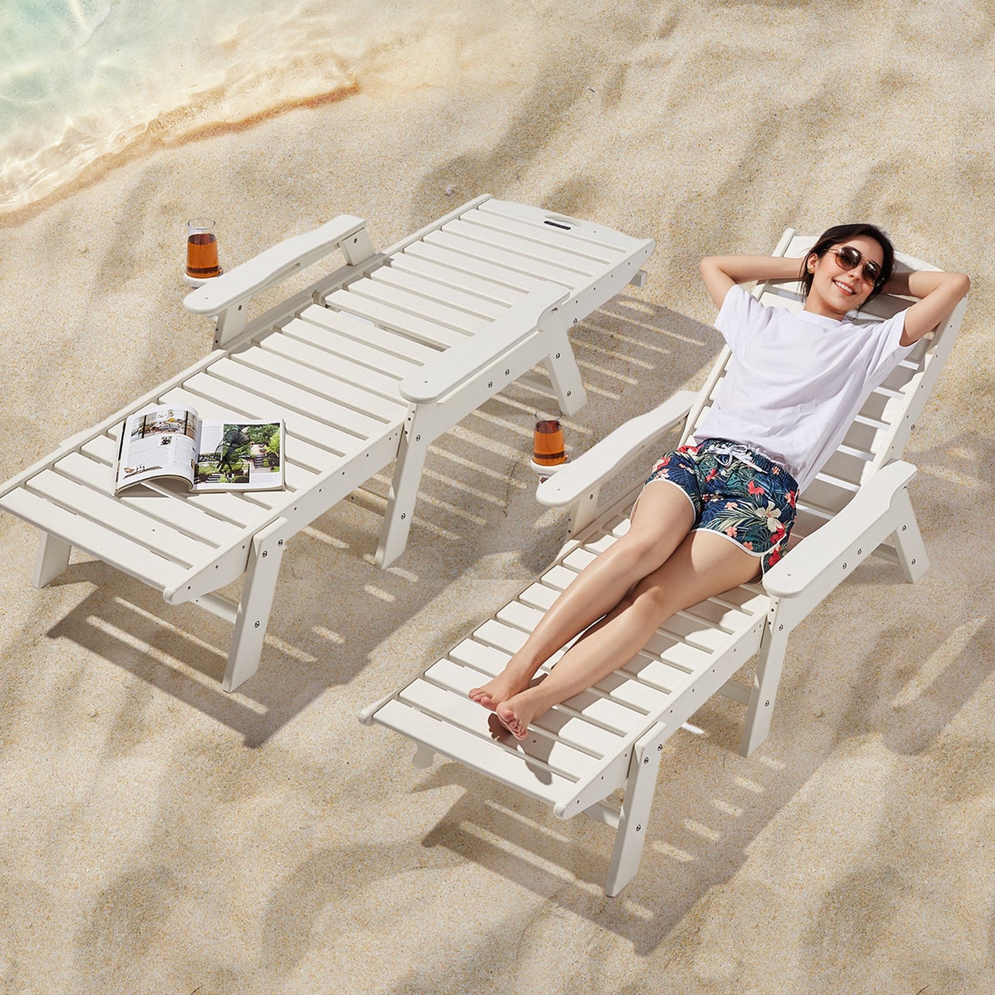 Chaise Lounge Chair, 181 kg Weight Capacity, 6 Positions Adjustable Patio Lounge Chair, Outdoor HDPE Lounge Chair with Backrest & Cup Holder, for Pool Poolside Deck Backyard Lawn, White