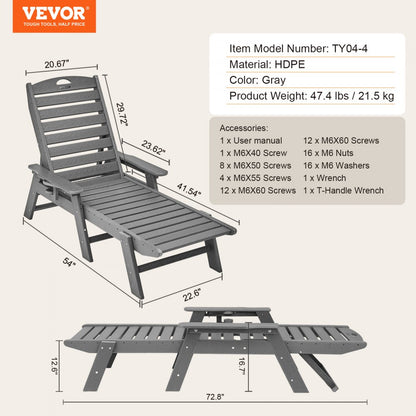 VEVOR Outdoor Chaise Lounge Chair 6 Positions Reclining Patio Bench Lounger Gray