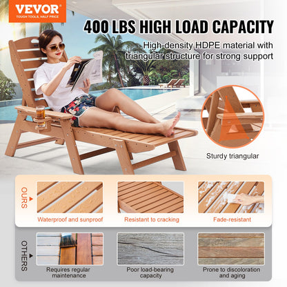 Chaise Lounge Chair, 181 kg Weight Capacity, 6 Positions Adjustable Patio Lounge Chair, Outdoor HDPE Lounge Chair with Backrest & Cup Holder, for Pool Poolside Deck Backyard Lawn, Brown