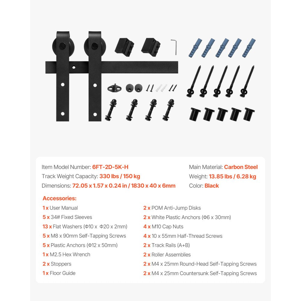 1830 mm Sliding Barn Door Hardware Kit for Single Sliding Barn Door Black