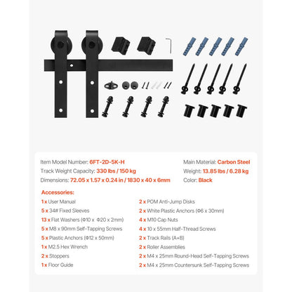1830 mm Sliding Barn Door Hardware Kit for Single Sliding Barn Door Black