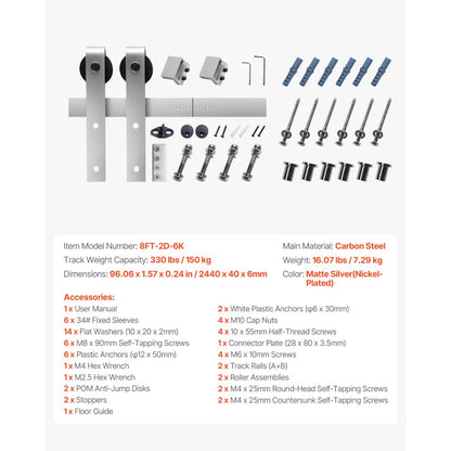VEVOR 2440mm Sliding Barn Door Hardware Kit for Single Sliding Barn Door Silver