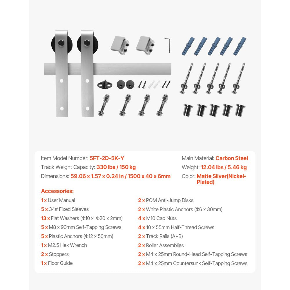 VEVOR 1500mm Sliding Barn Door Hardware Kit for Single Sliding Barn Door Silver