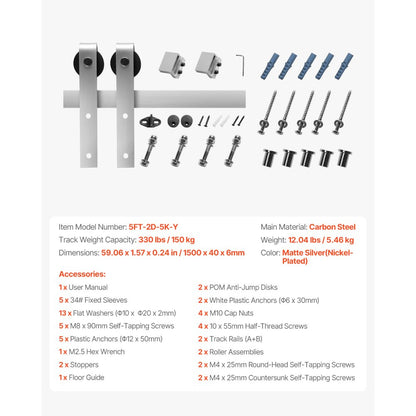 VEVOR 1500mm Sliding Barn Door Hardware Kit for Single Sliding Barn Door Silver