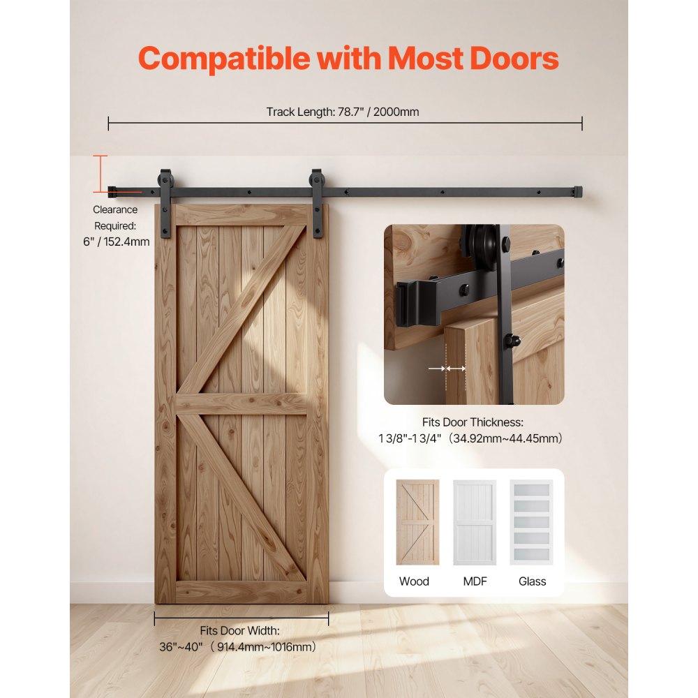 2000 mm Sliding Barn Door Hardware Kit for Single Sliding Barn Door Black