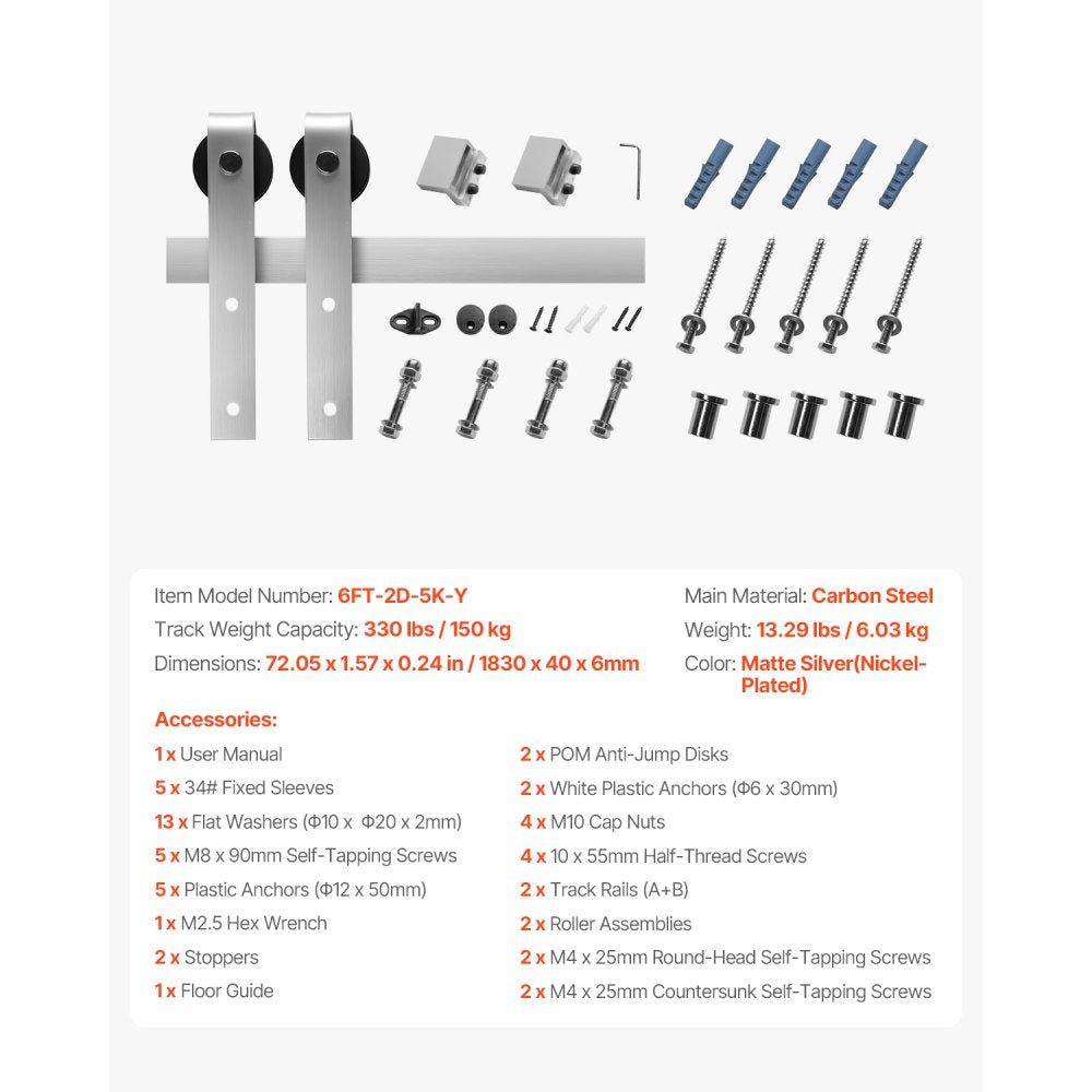 1830 mm Sliding Barn Door Hardware Kit for Single Sliding Barn Door Silver