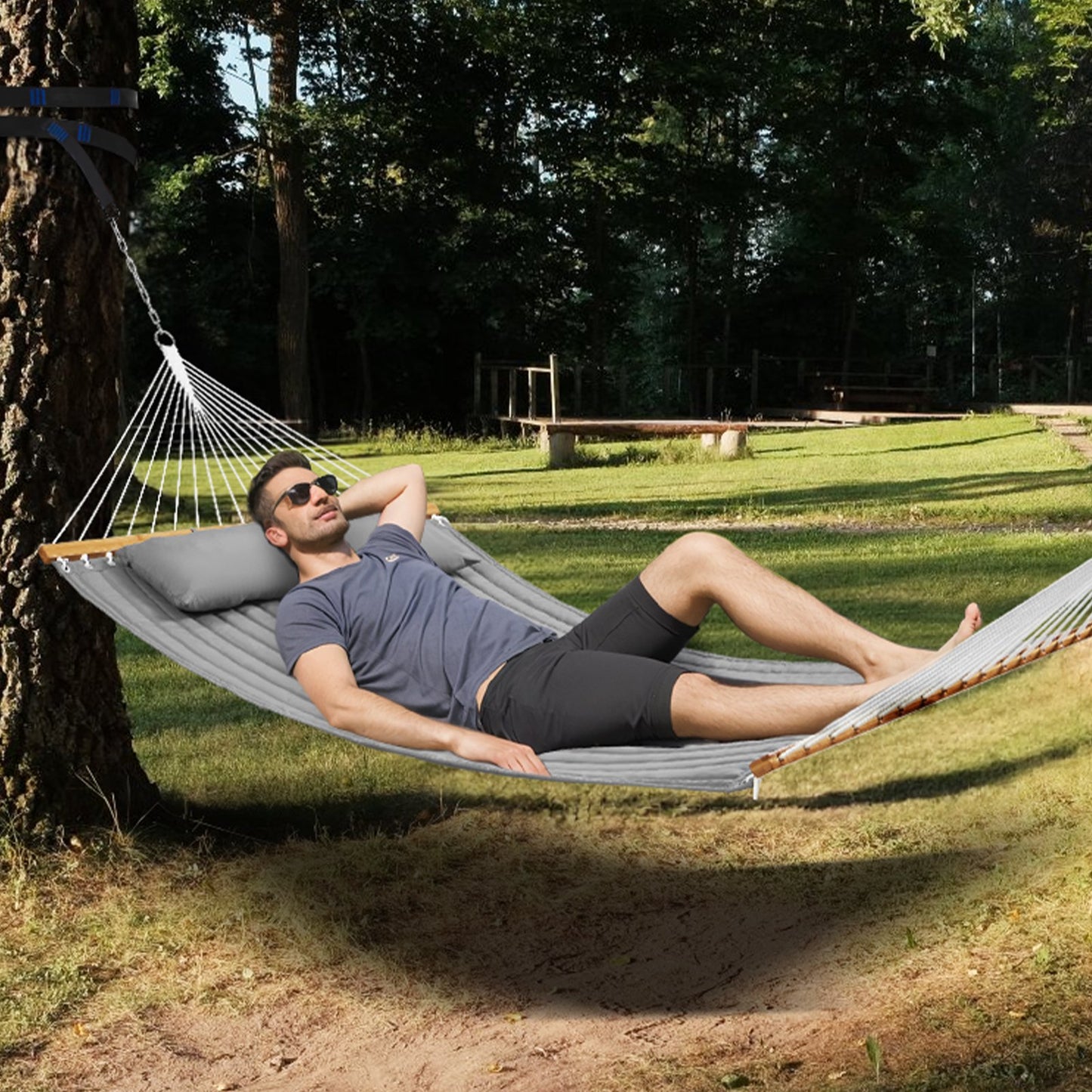 Double Quilted Fabric Hammock, 12 FT Double Hammock with Hardwood Spreader Bars, 2 Person Quilted Hammock with Detachable Pillow and Chains for Camping Outdoor Patio Yard Beach, 480 lbs Capacity