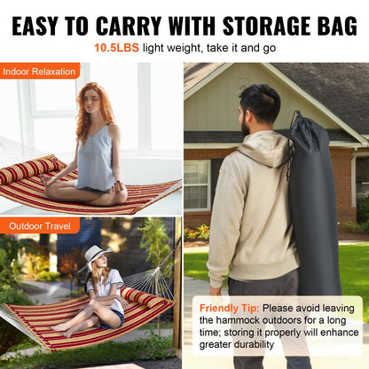 Double Quilted Hammock with Hardwood Bars, 3.7m Length, 217kg Capacity
