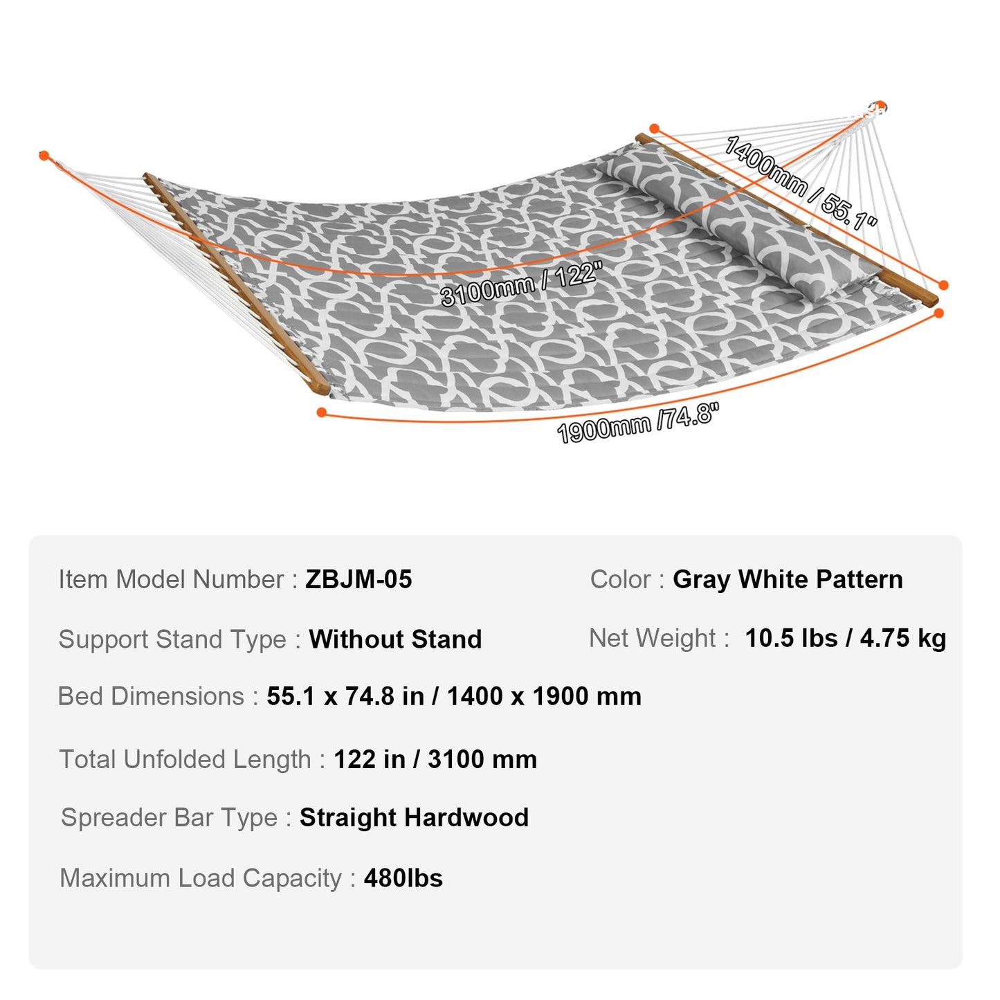 Double Quilted Fabric Hammock, 12 FT Double Hammock with Hardwood Spreader Bars, 2 Person Quilted Hammock with Detachable Pillow and Chains for Camping Outdoor Patio Yard Beach, 480 lbs Capacity