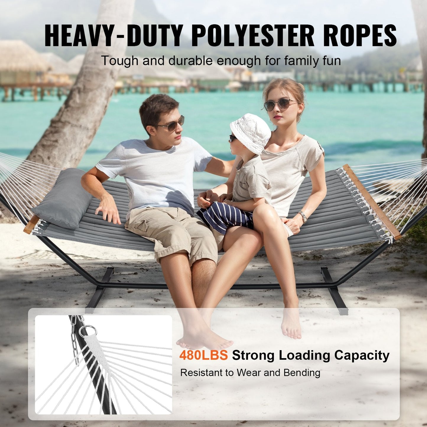 Double Quilted Two-Person Hammock with Stand, 217 kg Capacity, Gray