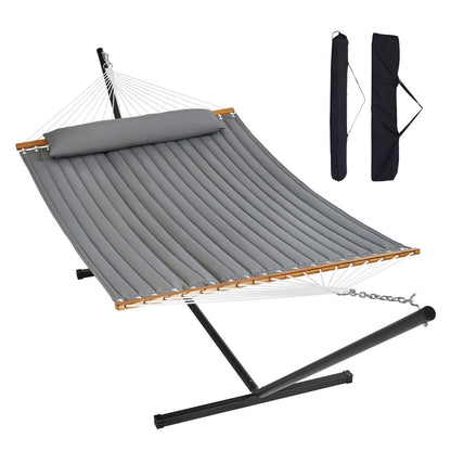 Double Quilted Two-Person Hammock with Stand, 217 kg Capacity, Gray