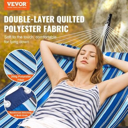 Double Hammock with Stand, Curved Bar & Pillow, 218kg Capacity, Blue Stripes