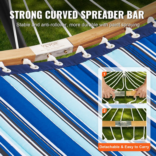 Double Hammock with Stand, Curved Bar & Pillow, 218kg Capacity, Blue Stripes