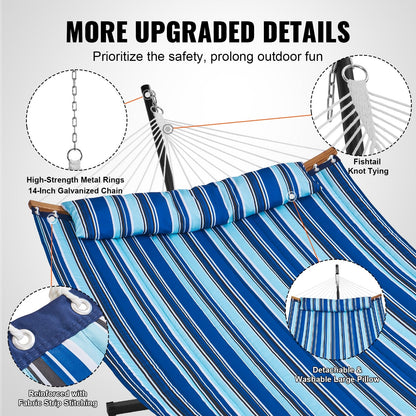 Double Hammock with Stand, Curved Bar & Pillow, 218kg Capacity, Blue Stripes