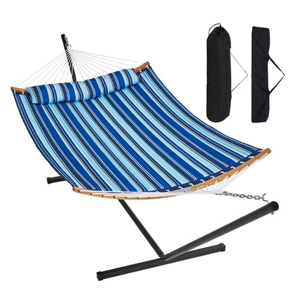 Double Hammock with Stand, Curved Bar & Pillow, 218kg Capacity, Blue Stripes