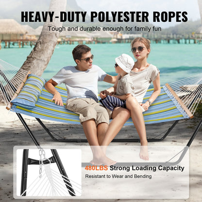 Double Hammock with Stand, 217.7kg Capacity, Quilted Fabric, Green Stripes