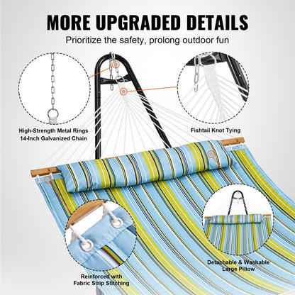 Double Hammock with Stand, 217.7kg Capacity, Quilted Fabric, Green Stripes