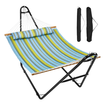 Double Hammock with Stand, 217.7kg Capacity, Quilted Fabric, Green Stripes