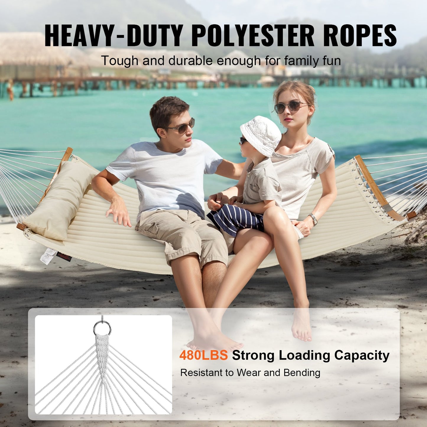 VEVOR Double Quilted Fabric Hammock, 12 FT Double Hammock with Curved Spreader Bars,