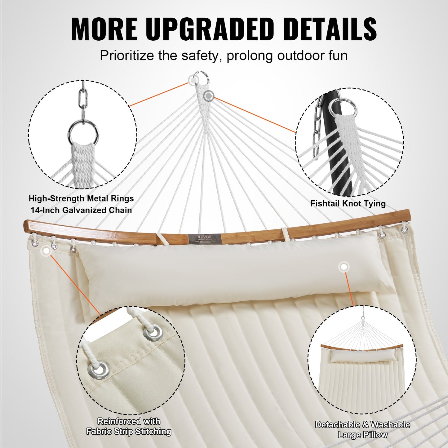 VEVOR Double Quilted Fabric Hammock, 12 FT Double Hammock with Curved Spreader Bars,