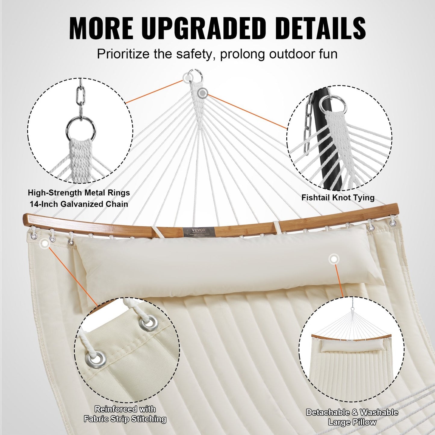 Double Quilted Fabric Hammock with Curved Bars and Pillow, 217 kg Capacity