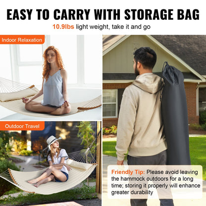 Double Quilted Fabric Hammock with Curved Bars and Pillow, 217 kg Capacity