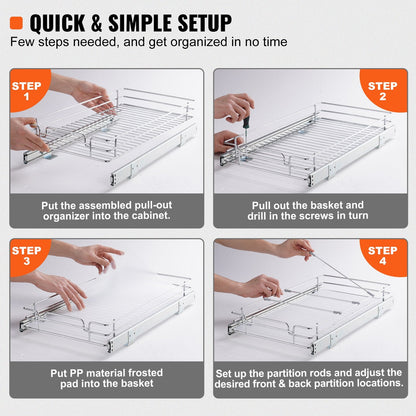 Under Sink Pull-Out Organizer, 0.28 x 0.53m, Chrome Wire Basket, 13kg Capacity