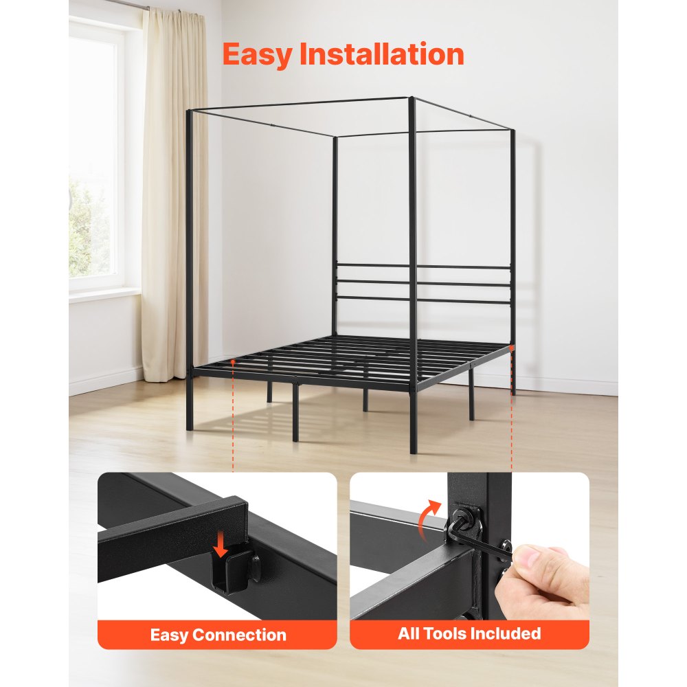 Full Size Canopy Bed Frame Metal Canopy Bed with Four Posters Black