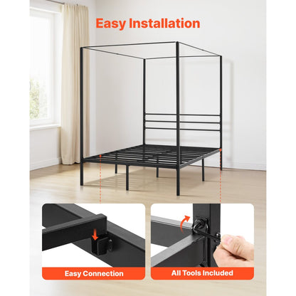 Full Size Canopy Bed Frame Metal Canopy Bed with Four Posters Black