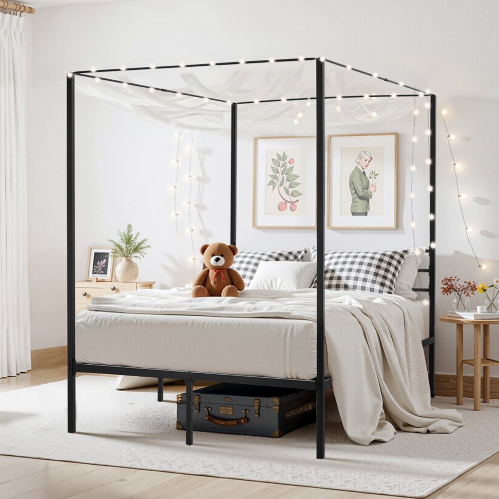 Full Size Canopy Bed Frame Metal Canopy Bed with Four Posters Black