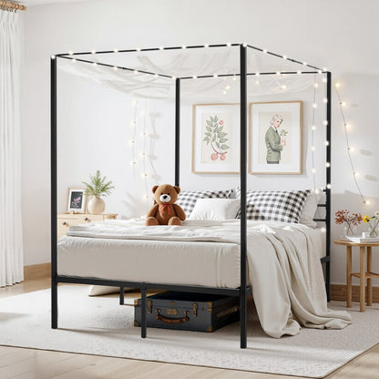 Full Size Canopy Bed Frame Metal Canopy Bed with Four Posters Black