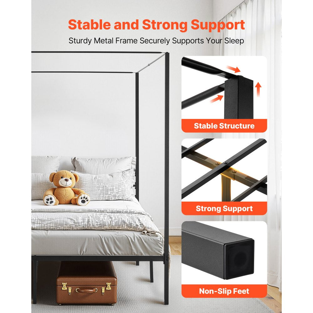 King Size Canopy Bed Frame Metal Canopy Bed with Four Posters Black