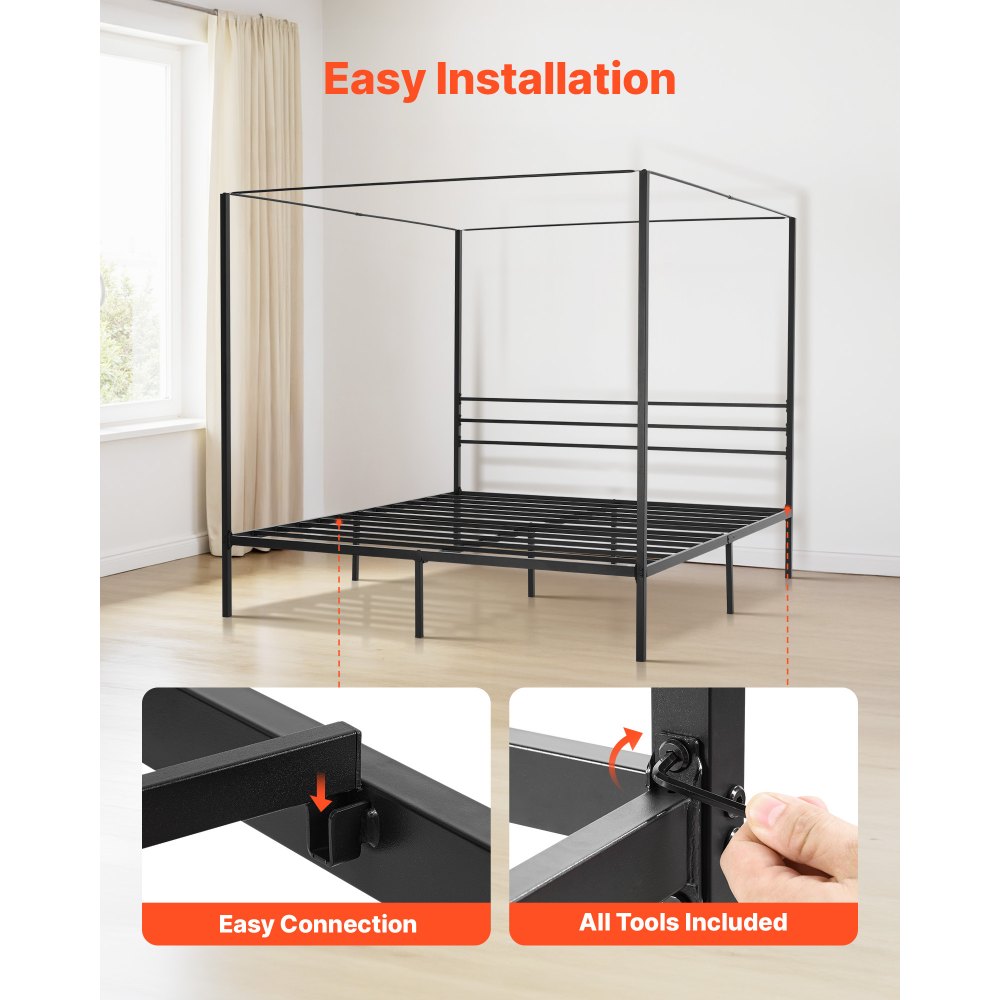 King Size Canopy Bed Frame Metal Canopy Bed with Four Posters Black