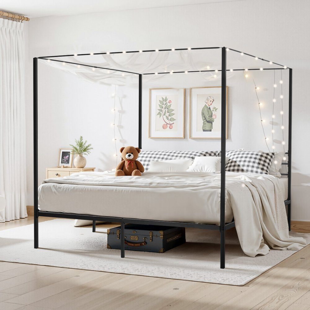 King Size Canopy Bed Frame Metal Canopy Bed with Four Posters Black